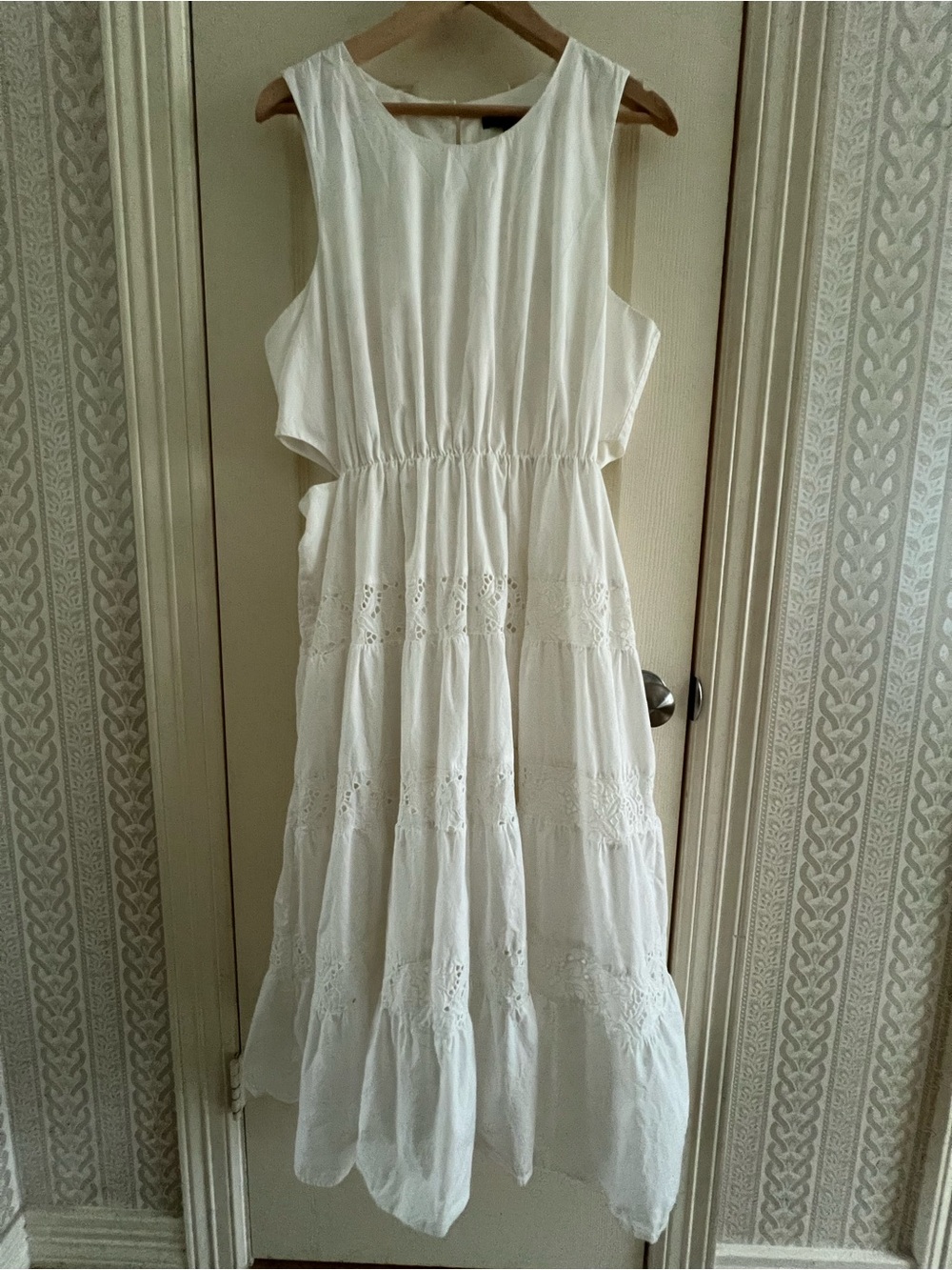 EUC White Sleeveless cutout Eyelet Tiered Maxi Dress
